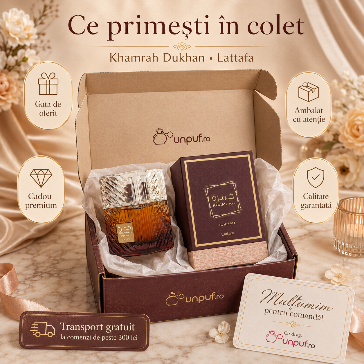 Ce primești &icirc;n colet Khamrah Dukhan Lattafa parfum unisex ambalat cu atenție cadou premium livrare rapidă